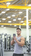 Fototapeta premium Young Middle Eastern man shows off his fitness progress in a gym mirror selfie while wearing a grey tank top and preparing to work out