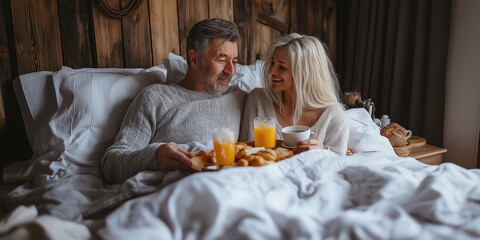 Romantic senior couple sharing a breakfast tray with orange juice and coffee while relaxing in bed