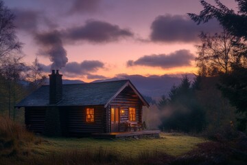 Fototapeta premium A cozy wooden cabin stands amidst lush trees. Smoke billows from the chimney as the sun sets. A warm glow shines from the windows inviting peace. Generative AI