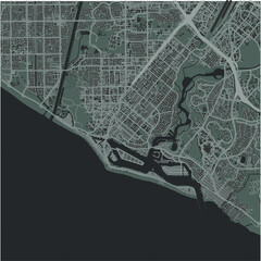 Map of Newport Beach in California in a smooth dark style. Contains layered vector with roads water, parks, etc.