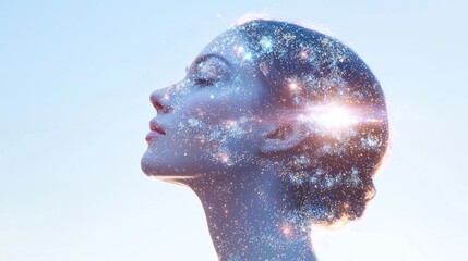 Cosmic Connection - Mystical Double Exposure Portrait of Woman with Celestial Stars and Planets, Ultra-Detailed Illustration