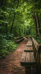 Weathered wooden benches line a forest path surrounded by vibrant green trees in a serene setting