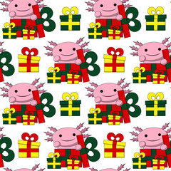 Seamless pattern with Cute Christmas Axolotl in gift box