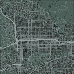 Map of Pasadena in California in a smooth dark style. Contains layered vector with roads water, parks, etc.