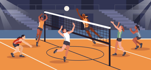 Volleyball competitions. Sports teams, professional athletes hit ball through net, players characters, dynamic poses, indoor championship cartoon flat isolated illustration, tidy vector concept