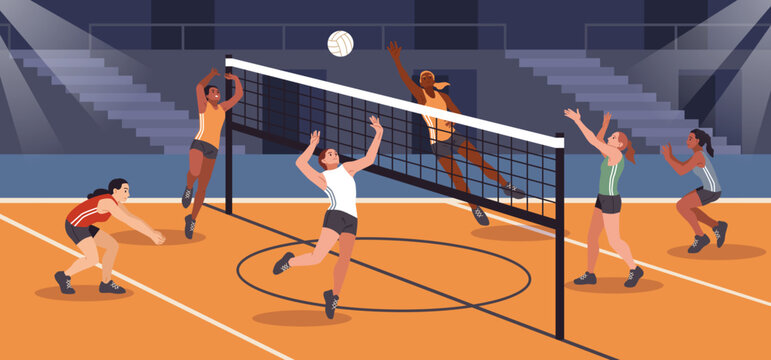 Volleyball competitions. Sports teams, professional athletes hit ball through net, players characters, dynamic poses, indoor championship cartoon flat isolated illustration, tidy vector concept