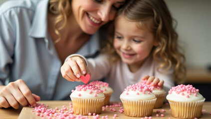 Mother and small child in the kitchen at home making cupcakes with red hearts decorations. Making memories while baking dessert