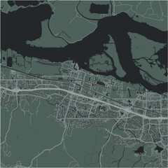 Map of Pittsburg in California in a smooth dark style. Contains layered vector with roads water, parks, etc.