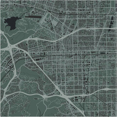 Map of Pomona in California in a smooth dark style. Contains layered vector with roads water, parks, etc.