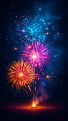 Naklejka premium vibrant fireworks explode against a dark night sky, creating a dazzling display of light and color. Sparks and smoke trail from the fireworks, illuminating the scene.