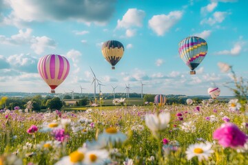 Naklejka premium Colorful hot air balloons float above a vibrant flower field. The scene captures natures beauty and freedom of flight. A perfect blend of adventure and serenity. Generative AI