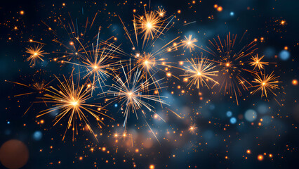 Naklejka premium A dark blue night sky with multiple golden fireworks exploding, creating bright stars and streaks of light. The background features out-of-focus bokeh lights.