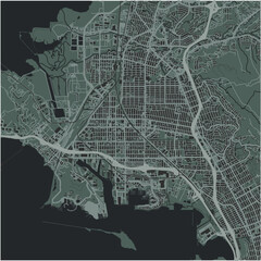 Map of Richmond in California in a smooth dark style. Contains layered vector with roads water, parks, etc.