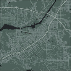 Map of Riverside in California in a smooth dark style. Contains layered vector with roads water, parks, etc.