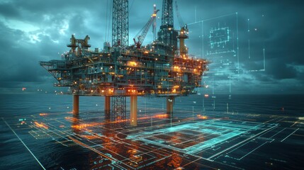 A digital diagnostic system analyzing the structural integrity of an offshore jack-up rig, highlighting the precision and accuracy of cutting-edge safety technology in offshore platforms.