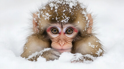 Fototapeta premium A snow monkey's face peeks out from a snowy landscape, its eyes looking directly at the camera.