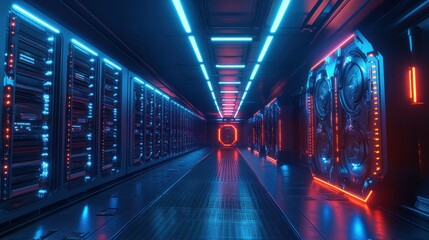 Fototapeta premium A Bitcoin mining farm with rows of GPU rigs under blue fluorescent lights, representing the high-energy and digital nature of blockchain mining technology.