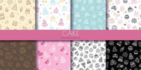 A set of seamless cake patterns in different colors and styles. Each pattern contains various cake and dessert illustrations on colorful backgrounds. Concept of bakery and dessert-themed designs