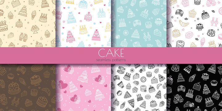 A set of seamless cake patterns in different colors and styles. Each pattern contains various cake and dessert illustrations on colorful backgrounds. Concept of bakery and dessert-themed designs - Powered by Adobe