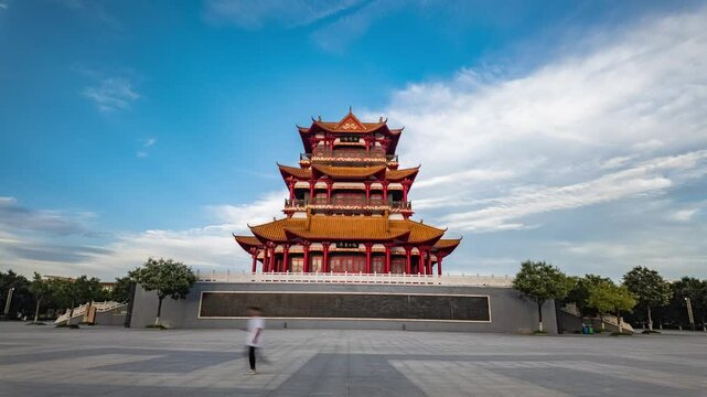time lapse view of ancinet pavilion by river huang he in shanxi