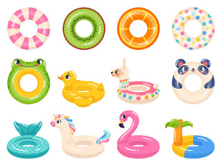 Inflatable rubber rings. Cartoon swimming toys, kids summer pool vacation accessories, children water safety, funny frog, duckling and panda, pink flamingo, kiwi and orange, vector isolated set