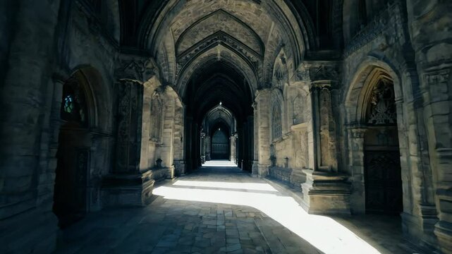 The camera zooms out, pulling away from the intricate stone arches that define the corridor, with flag lighting creating strong directional shadows for a dramatic effect.