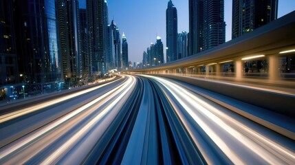 Fototapeta premium Dynamic Cityscape with Light Trails at Dusk