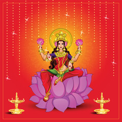 Vector illustration of a Beautiful Poster Or Banner With Goddess Maa Laxmi Of Indian Dhanteras Festival Background.