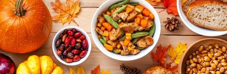 Fototapeta premium Table at Thanksgiving dinner, overhead shot, long banner