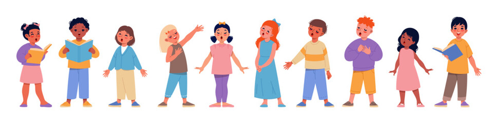 Funny young vocalists. Cute kids singers in choir, little choristers, girls, boys with sheet music perform song, children group. Vocal education cartoon flat style isolated vector set