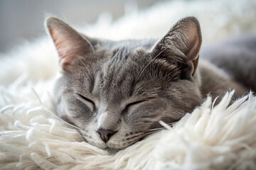 Fototapeta premium Head of a gray cat sleeping on a white fur blanket, close-up