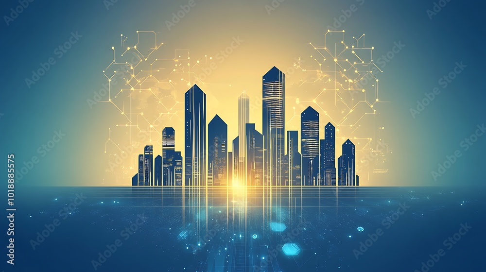 Poster futuristic cityscape with glowing digital network lines and reflection on water.
