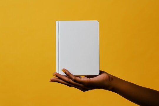 African american woman holding white book with space for text in hand isolated on yellow background