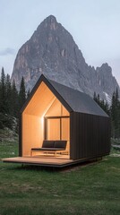 A cozy modern house in the forest with a terrace, surrounded by lush greenery and majestic mountains at dusk