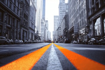 Obraz premium A city street marked by a bright orange line, guiding the viewer's eye down its path.