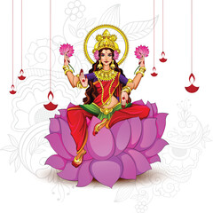 Vector illustration of a Beautiful Poster Or Banner With Goddess Maa Laxmi Of Indian Dhanteras Festival Background.