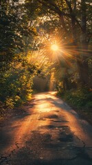Obraz premium Sunlight streams through trees, illuminating a tranquil rural road at dawn
