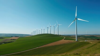 Expansive wind energy farm with rows of towering wind turbines stretching across green fields under a cloudy sky. Perfect for illustrating renewable energy, sustainability, and clean power generation