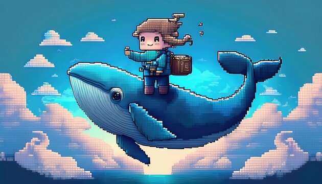 pixel art adorable Blue whale in fly through clouds with other fish