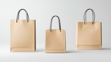 A collection of three brown paper shopping bags of varying sizes displayed against a neutral background, showcasing their simple yet versatile design