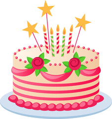 Birthday cake with candles. Tasty sweet yummy celebration dessert for party. Element for greeting card, poster or festive banner. Sticker or print. Vector cartoon flat isolated illustration