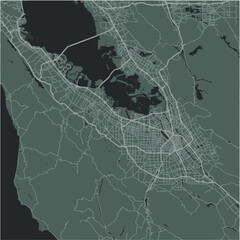 Map of San Jose Greater in California in a smooth dark style. Contains layered vector with roads water, parks, etc.