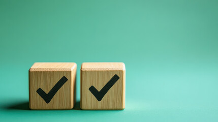 Checklist concept with copy space. Wood cubes with check marks on green background.