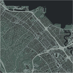 Map of San Mateo in California in a smooth dark style. Contains layered vector with roads water, parks, etc.