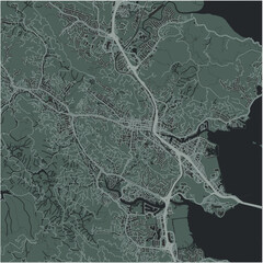 Map of San Rafael in California in a smooth dark style. Contains layered vector with roads water, parks, etc.