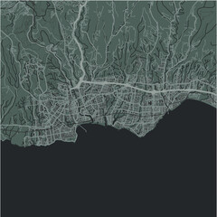 Map of Santa Cruz in California in a smooth dark style. Contains layered vector with roads water, parks, etc.