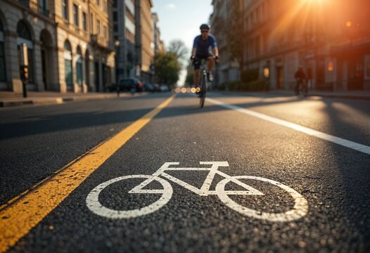 A painted bicycle symbol on an asphalt bike lane in central Paris, France, on a sunny day.