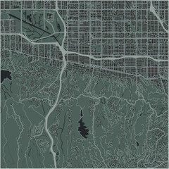 Map of Sherman Oaks in California in a smooth dark style. Contains layered vector with roads water, parks, etc.