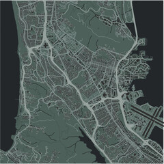 Map of South San Francisco in California in a smooth dark style. Contains layered vector with roads water, parks, etc.