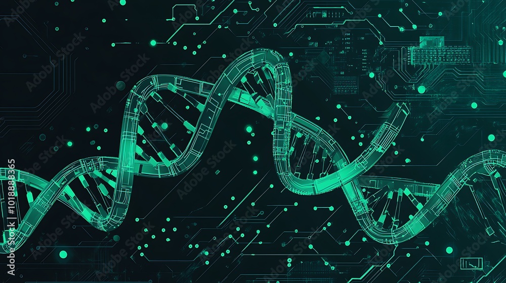 Poster a glowing green dna double helix against a dark background of circuitry, representing the intersecti